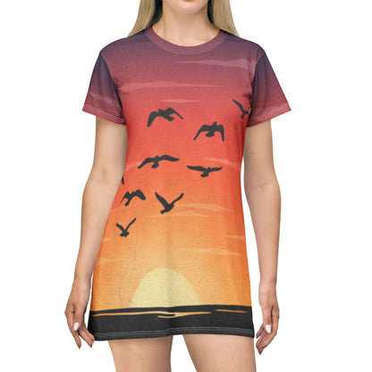 Sunset Seagulls T-Shirt Dress — Beachy AOP Sundress