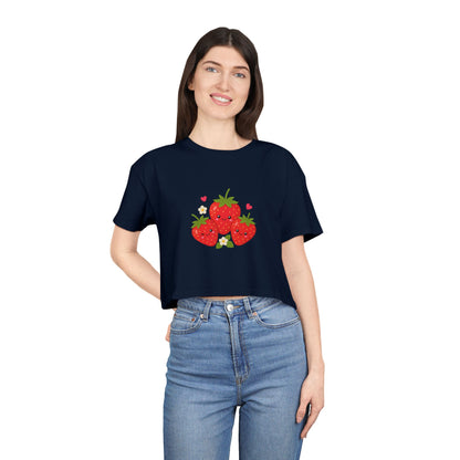Strawberry Trio Women's Crop Tee — Cute Fruit Graphic Summer Top