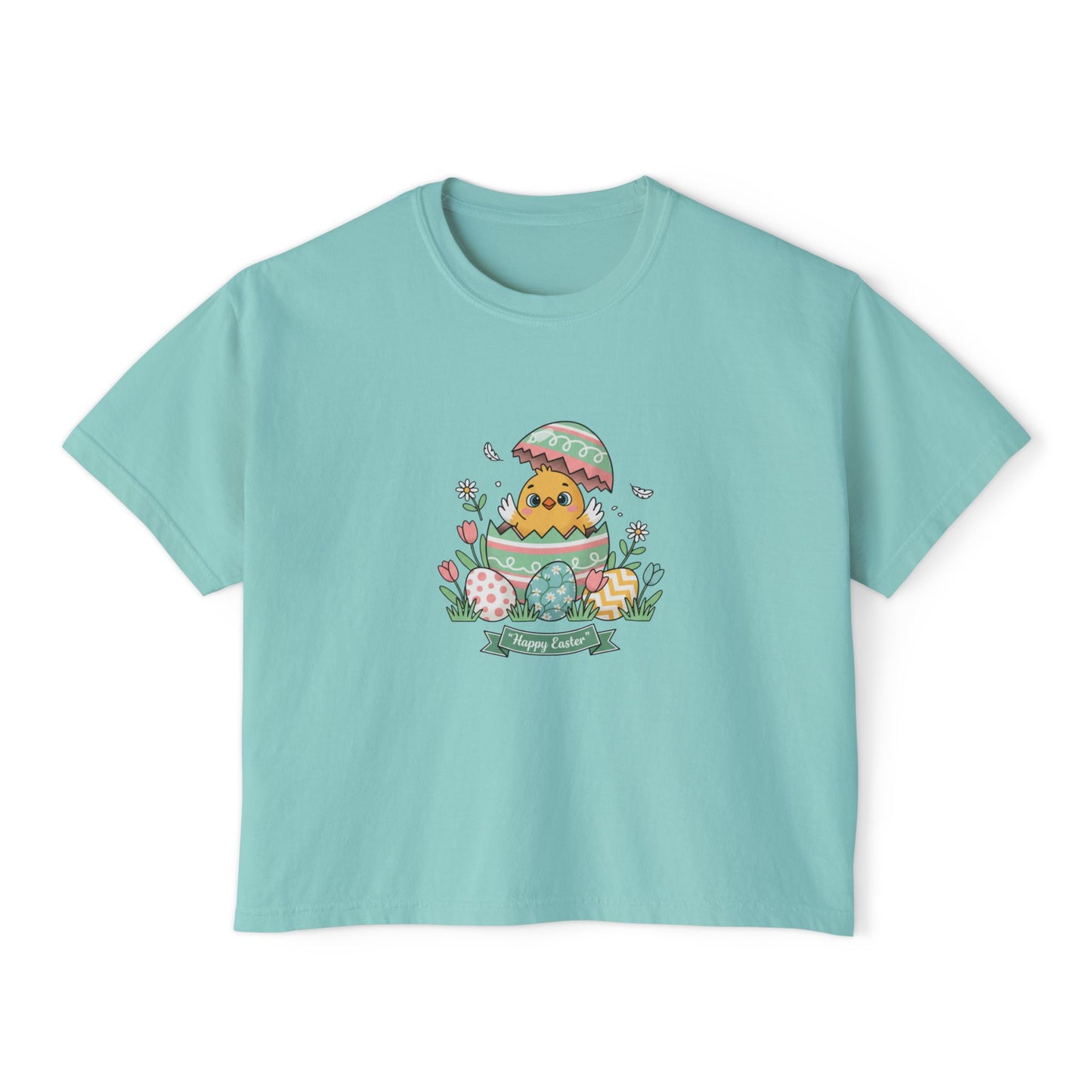 Easter Chick Boxy Tee — Cute Hatching Chick Graphic Women's Crop T-Shirt