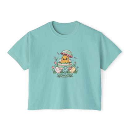 Easter Chick Boxy Tee — Cute Hatching Chick Graphic Women's Crop T-Shirt