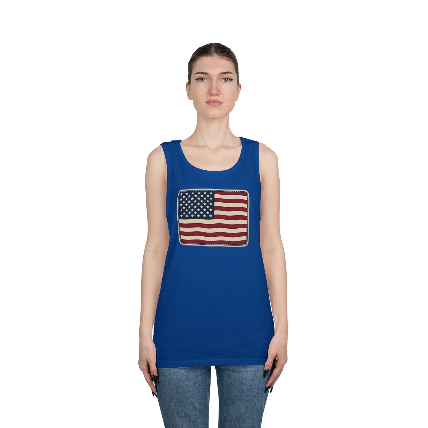 American Flag Tank Top — Vintage USA Patch "Made in USA" Sleeveless Tee
