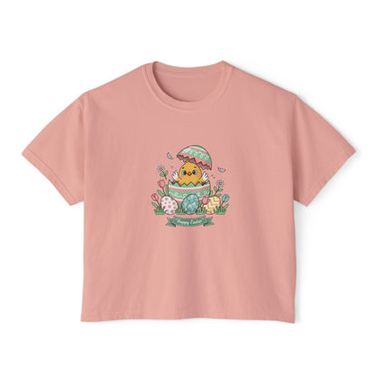 Easter Chick Boxy Tee — Cute Hatching Chick Graphic Women's Crop T-Shirt