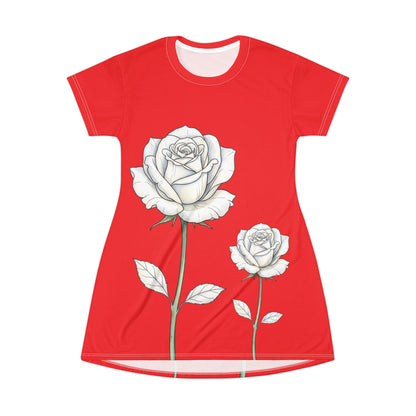 Red Rose T‑Shirt Dress — White Floral All-Over Print