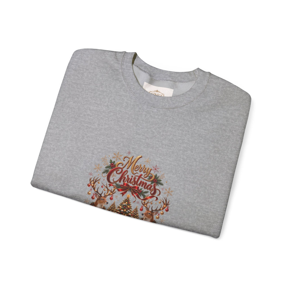 Merry Christmas Reindeer & Christmas Tree Sweatshirt – Festive Holiday Crewneck with Decorative Sleeves