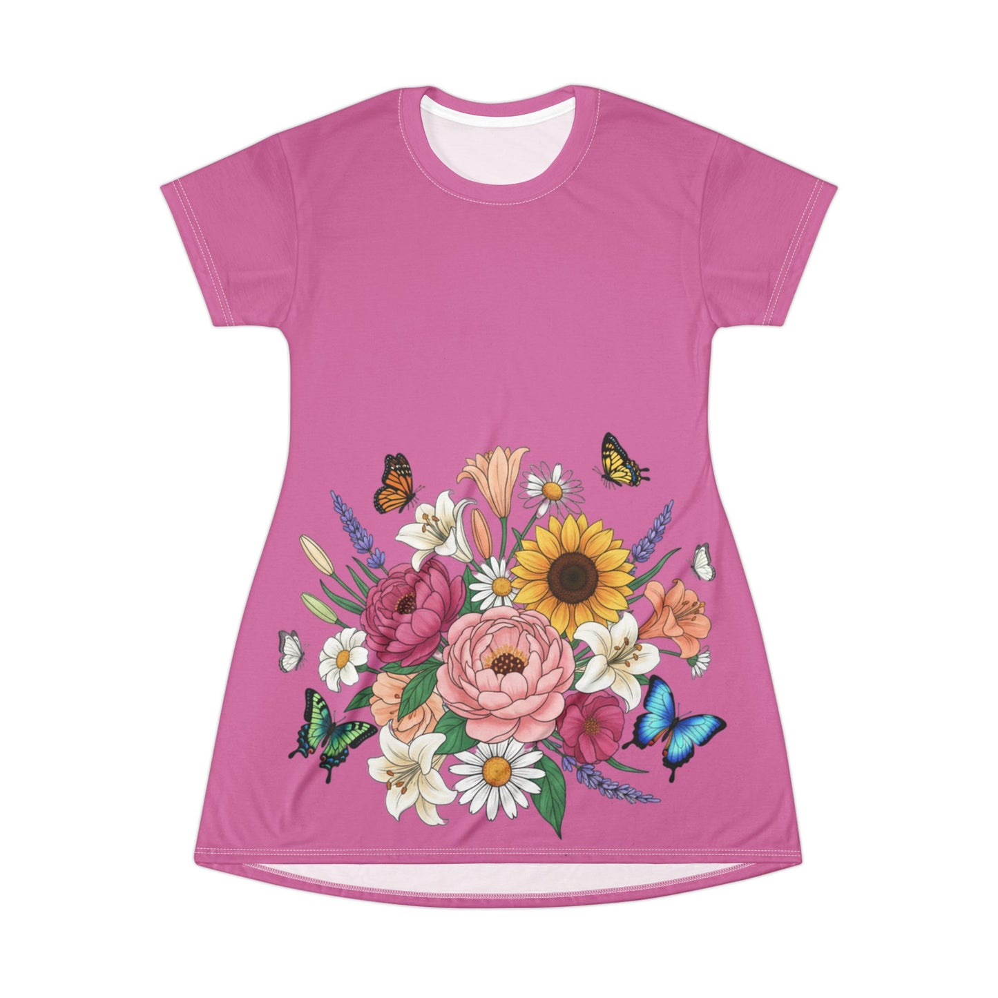 Floral Butterfly T‑Shirt Dress — Pink Bouquet Garden Dress