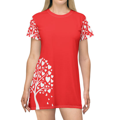 Heart Tree Dress - Red All-Over Print T-Shirt Dress for Valentine's & Casual Wear