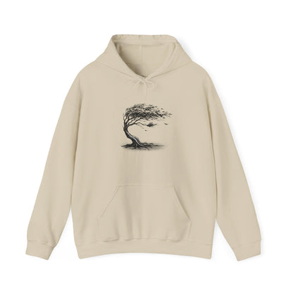 Windswept Tree Hoodie – Minimal Black Ink Nature Pullover