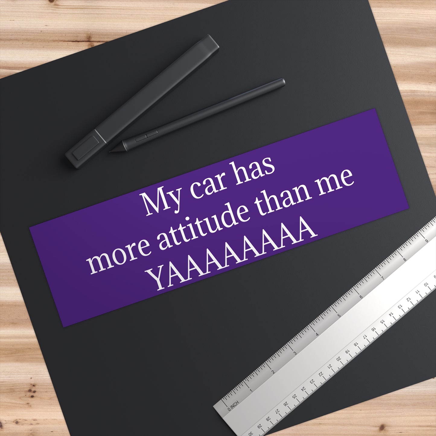 Bumper Sticker — "My car has more attitude than me YAAAAAAA" Funny Purple Decal