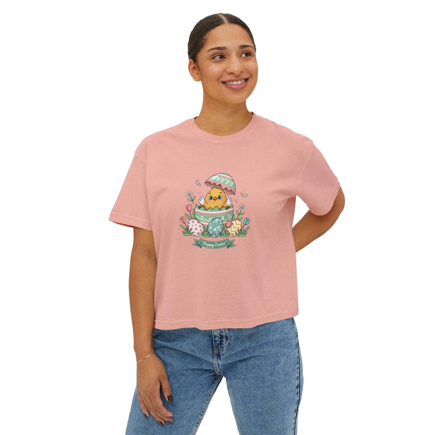 Easter Chick Boxy Tee — Cute Hatching Chick Graphic Women's Crop T-Shirt