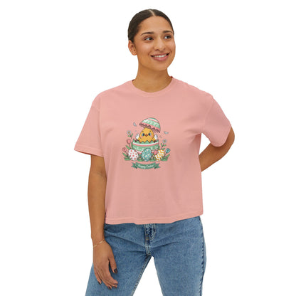 Easter Chick Boxy Tee — Cute Hatching Chick Graphic Women's Crop T-Shirt