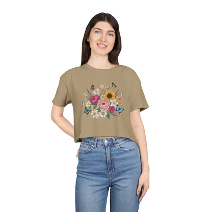 Floral Bouquet Crop Tee — Sunflower & Butterfly Garden Top