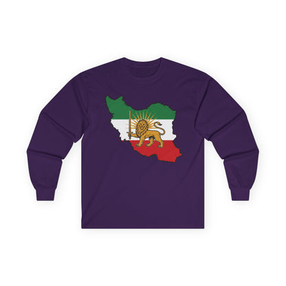 Iran Map Long Sleeve Tee with Lion & Sun Flag — Persian Heritage Shirt