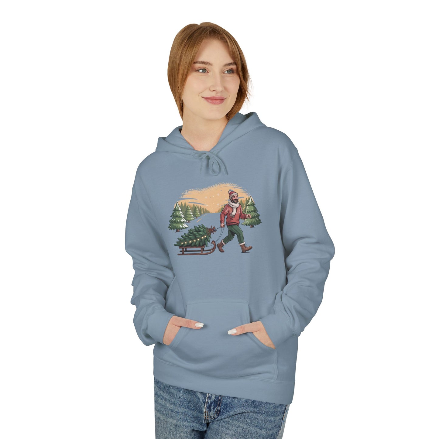 Christmas Tree Hauler Hoodie - Vintage Santa Pulling Tree Winter Sweatshirt