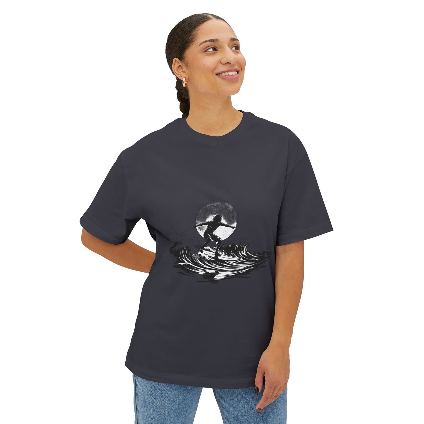Surf Moon Graphic Tee — Silhouette Surfer on Waves