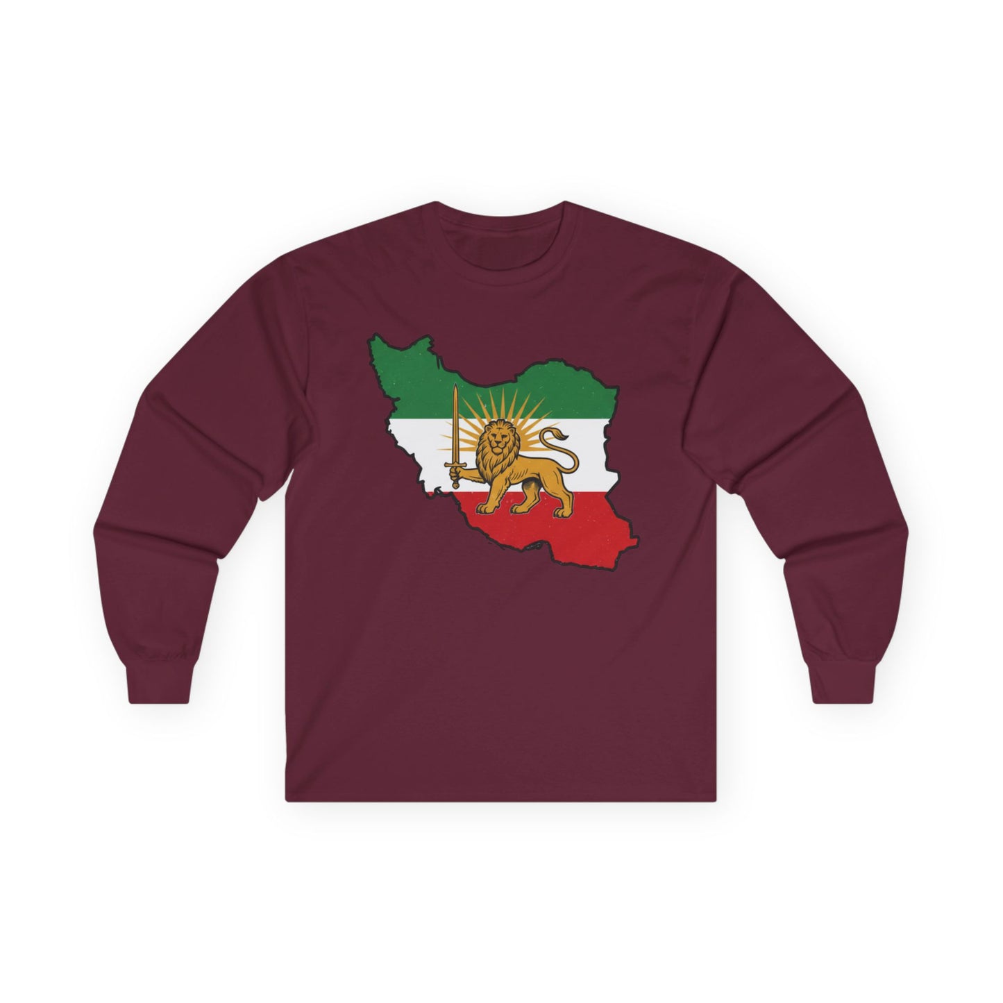 Iran Map Long Sleeve Tee with Lion & Sun Flag — Persian Heritage Shirt