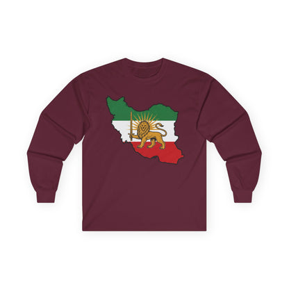 Iran Map Long Sleeve Tee with Lion & Sun Flag — Persian Heritage Shirt