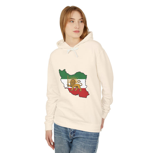 Iran Map Hoodie with Lion and Sun Flag — Persian Heritage Sweatshirt