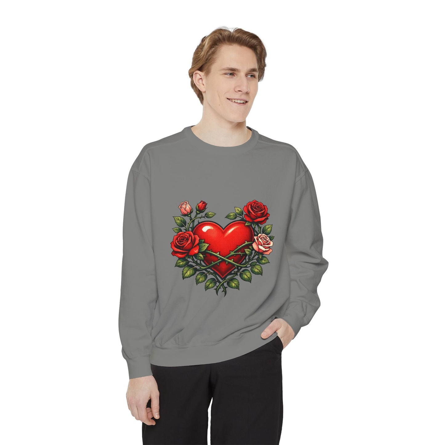 Heart & Roses Sweatshirt — Vintage Tattoo Style Valentine Pullover