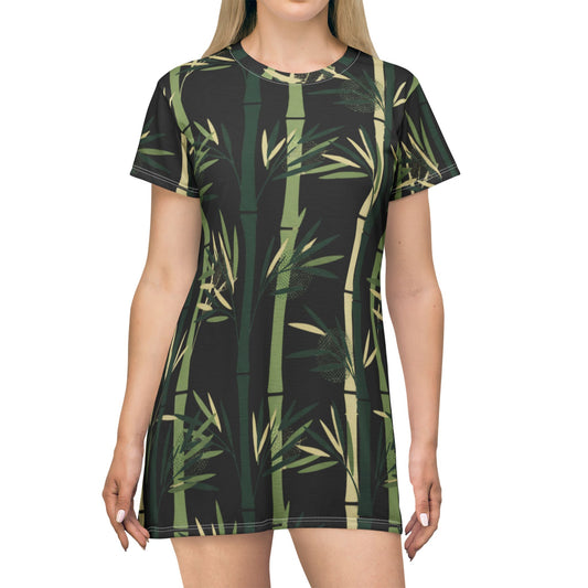 Bamboo Print T‑Shirt Dress — Green Bamboo Forest All‑Over Print