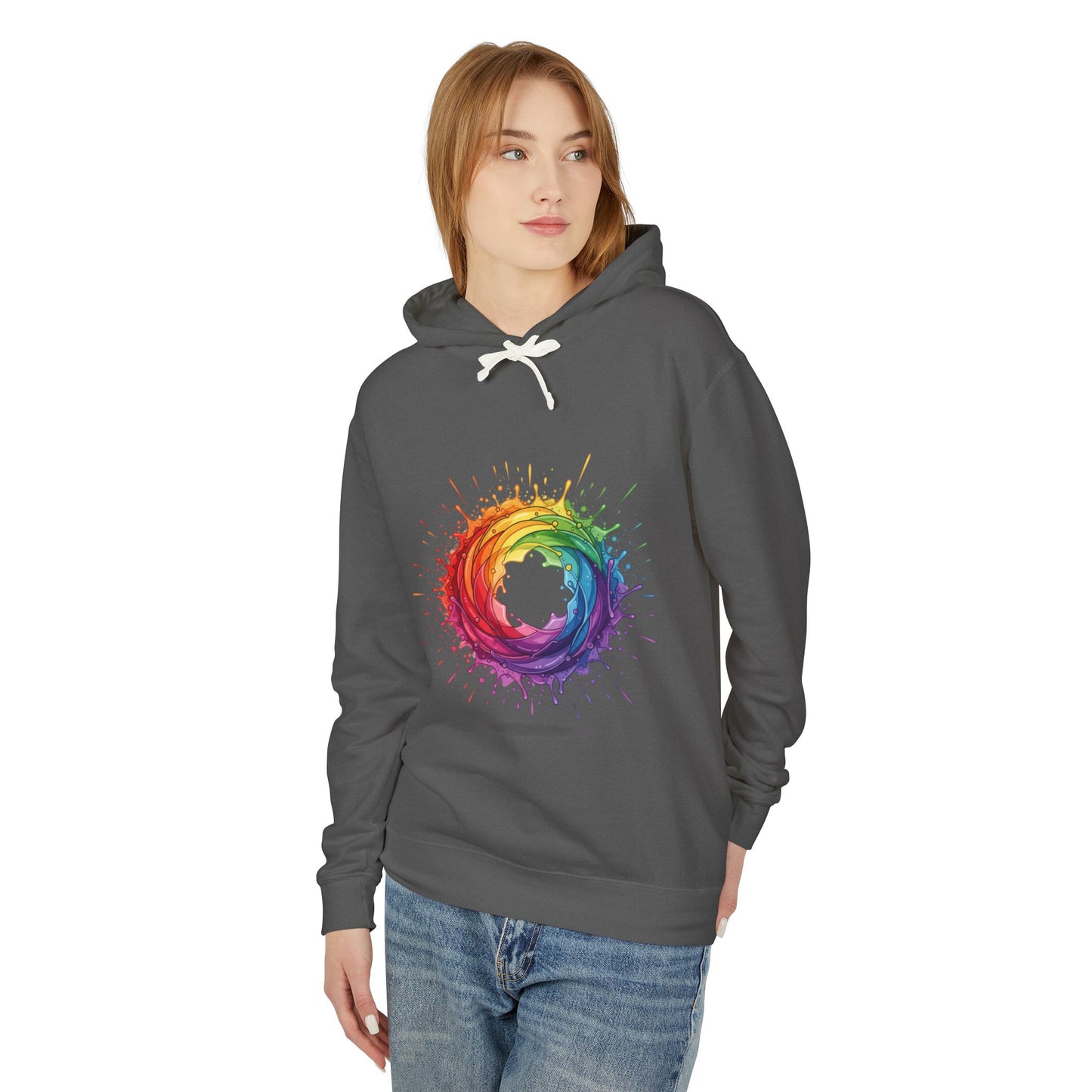 Rainbow Splash Circle Hoodie — Colorful Abstract Pride Pullover