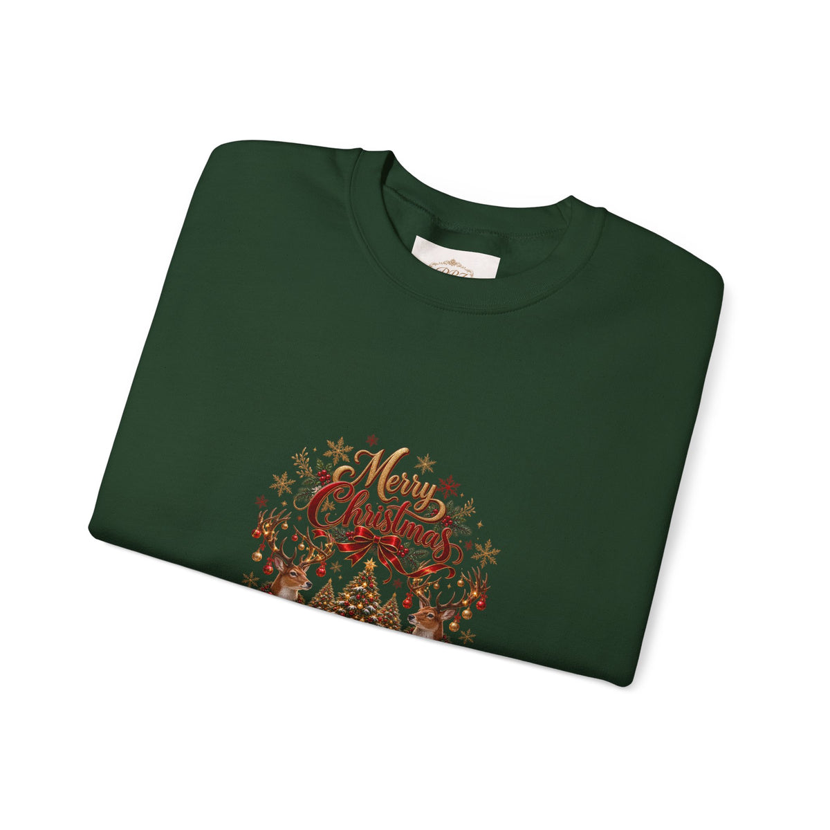 Merry Christmas Reindeer & Christmas Tree Sweatshirt – Festive Holiday Crewneck with Decorative Sleeves