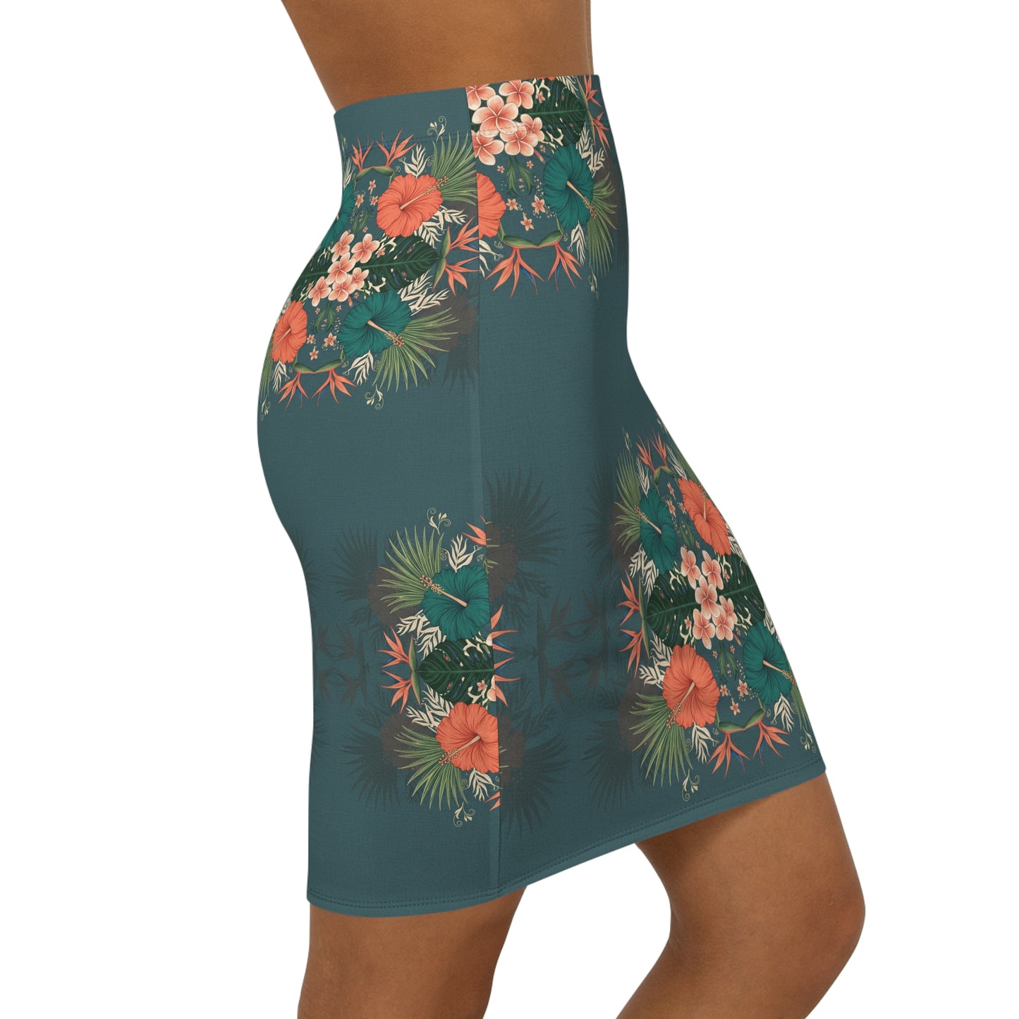 Tropical Floral Pencil Skirt — Teal Hibiscus Mid-Waist Skirt