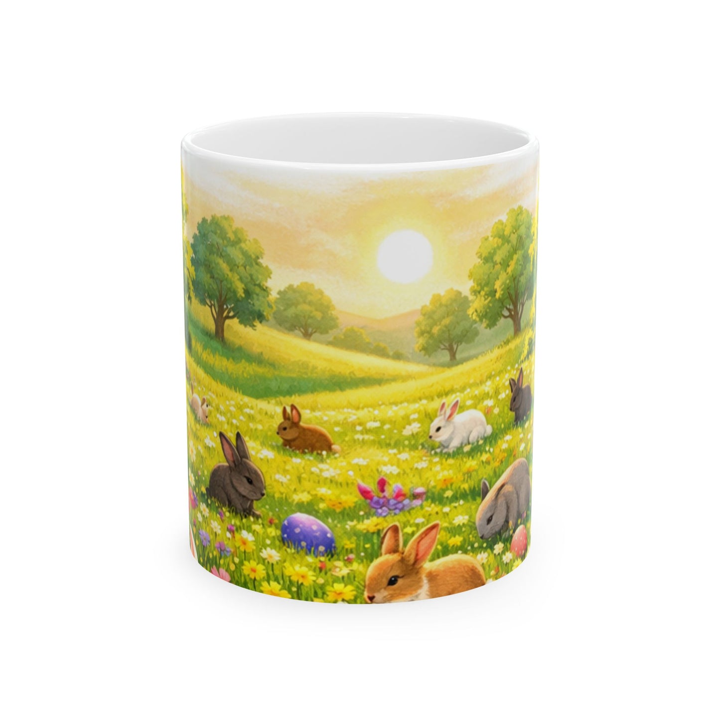 Easter Bunny Meadow Ceramic Mug — Spring Sunrise Rabbits & Colorful Eggs (11oz/15oz)