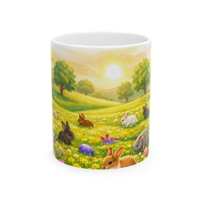 Easter Bunny Meadow Ceramic Mug — Spring Sunrise Rabbits & Colorful Eggs (11oz/15oz)