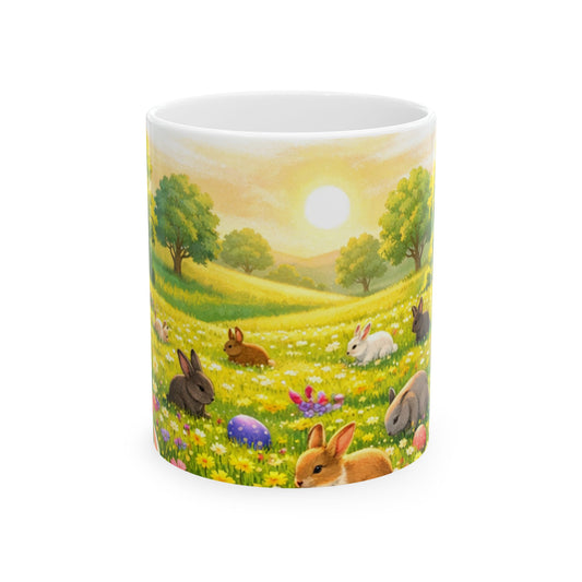 Easter Bunny Meadow Ceramic Mug — Spring Sunrise Rabbits & Colorful Eggs (11oz/15oz)