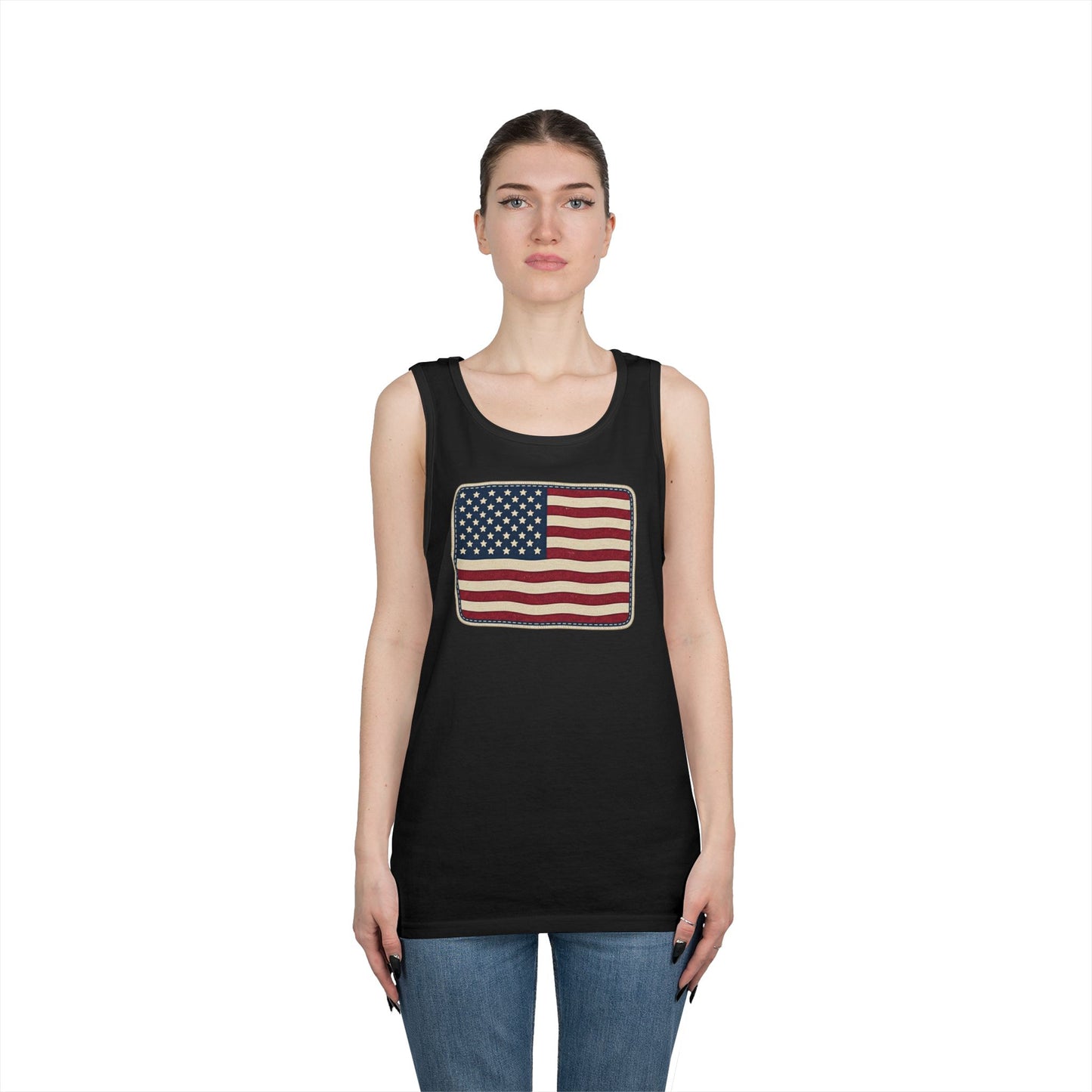 American Flag Tank Top — Vintage USA Patch "Made in USA" Sleeveless Tee