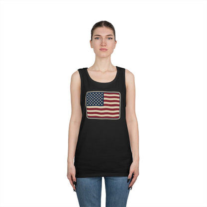 American Flag Tank Top — Vintage USA Patch "Made in USA" Sleeveless Tee