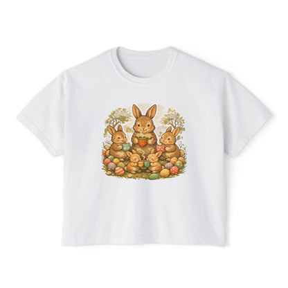 Easter Bunny Family Women's Boxy Tee — Cute Vintage Rabbits & Easter Eggs