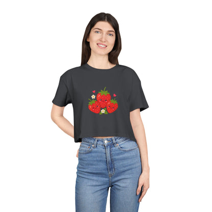 Strawberry Trio Women's Crop Tee — Cute Fruit Graphic Summer Top