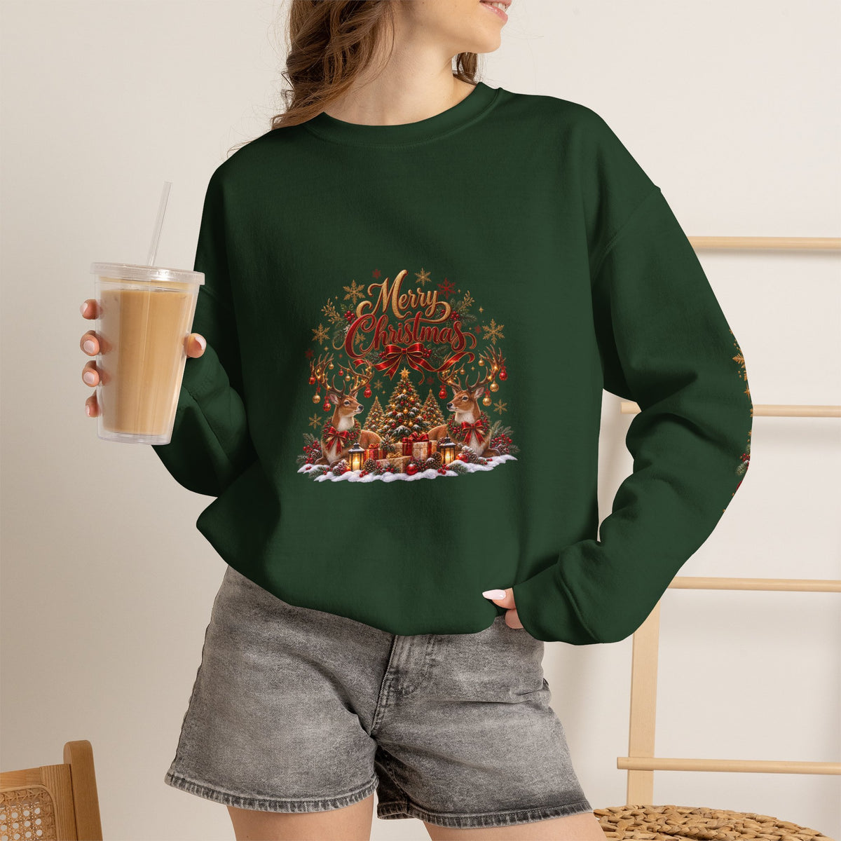 Merry Christmas Reindeer & Christmas Tree Sweatshirt – Festive Holiday Crewneck with Decorative Sleeves