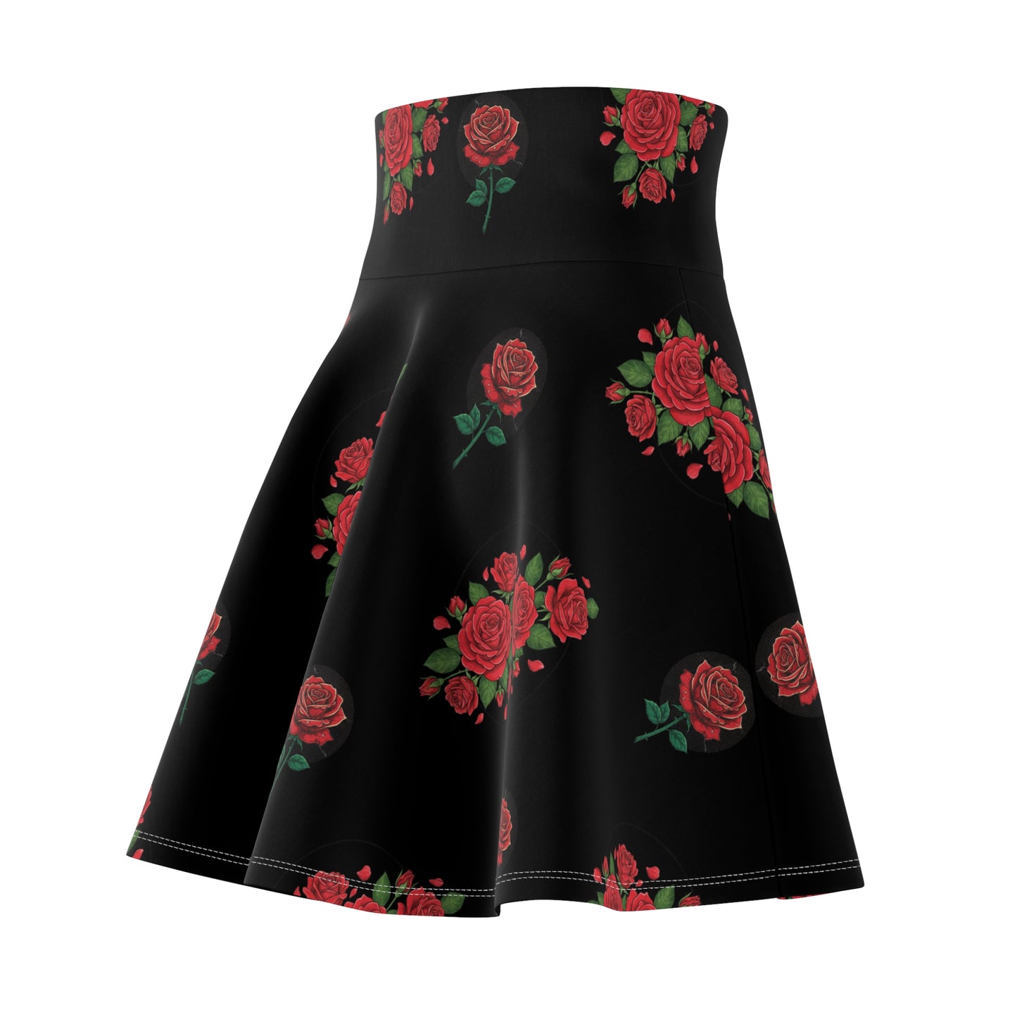 Black Rose Skater Skirt — Floral High-Waist AOP
