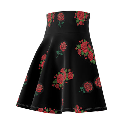 Black Rose Skater Skirt — Floral High-Waist AOP
