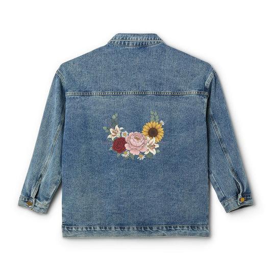Embroidered Floral Denim Jacket — Women's Boho Sunflower & Rose Jean Jacket