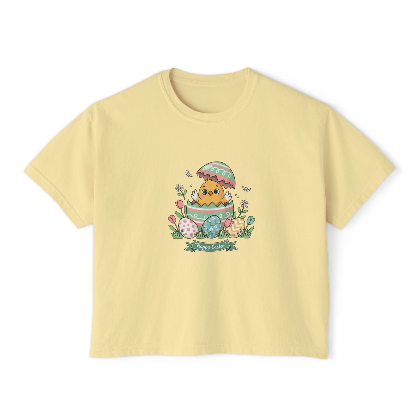 Easter Chick Boxy Tee — Cute Hatching Chick Graphic Women's Crop T-Shirt