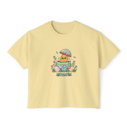 Easter Chick Boxy Tee — Cute Hatching Chick Graphic Women's Crop T-Shirt