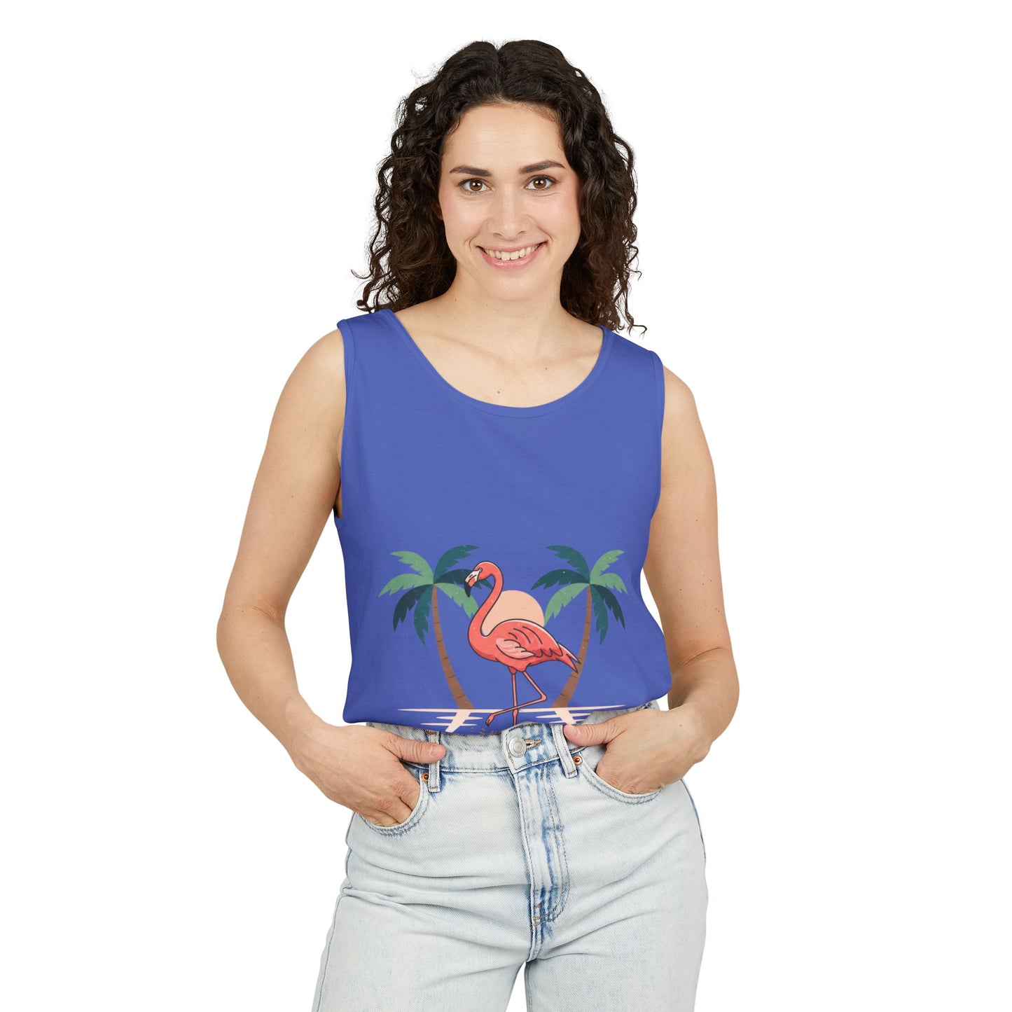 Flamingo Beach Tank Top — Tropical Palm Vacation Graphic Tank