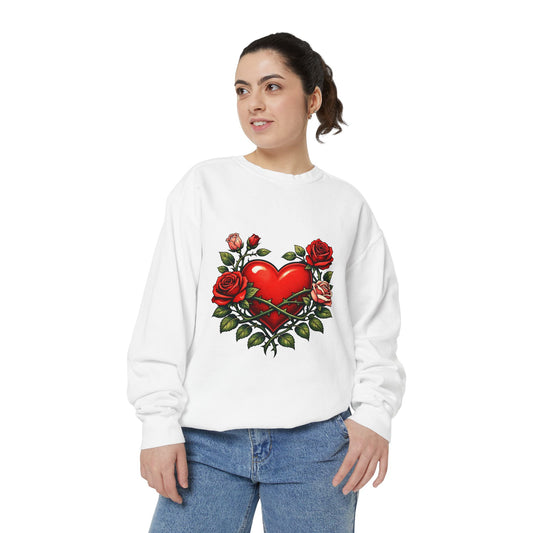 Heart & Roses Sweatshirt — Vintage Tattoo Style Valentine Pullover