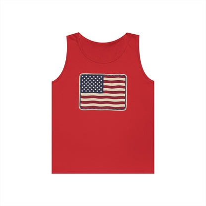 American Flag Tank Top — Vintage USA Patch "Made in USA" Sleeveless Tee