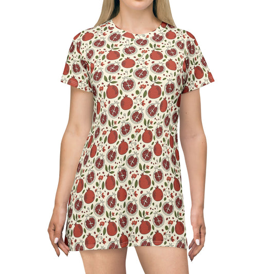 Pomegranate Pattern T‑Shirt Dress — All-Over Print Fruit Floral Summer Dress