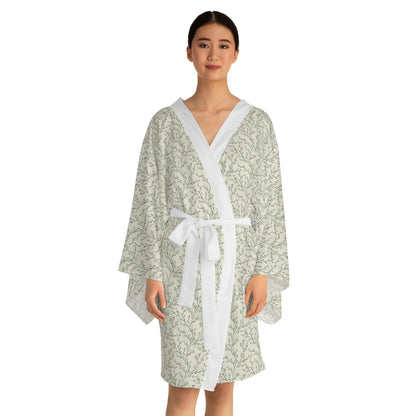 Botanical Print Kimono Robe — Light Green Floral Lounge Wrap