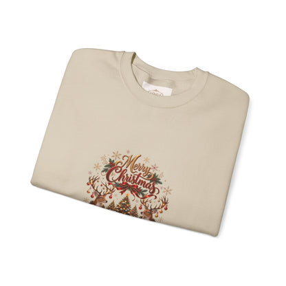 Merry Christmas Reindeer & Christmas Tree Sweatshirt – Festive Holiday Crewneck with Decorative Sleeves