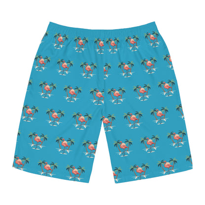 Board Shorts — Tropical Flamingo Palm Swim Trunks