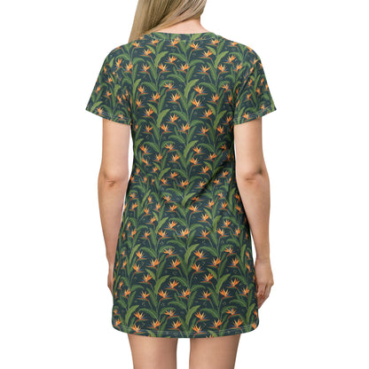 Bird of Paradise Floral T-Shirt Dress — Tropical All-Over Print