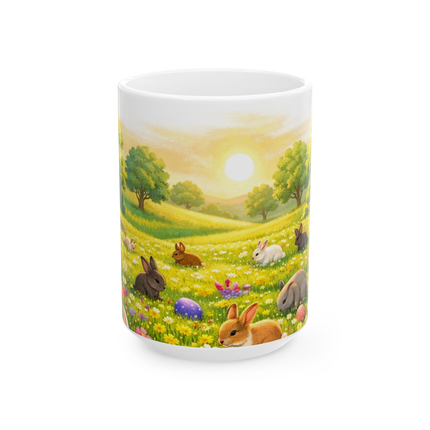 Easter Bunny Meadow Ceramic Mug — Spring Sunrise Rabbits & Colorful Eggs (11oz/15oz)