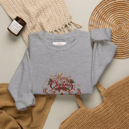 Merry Christmas Reindeer & Christmas Tree Sweatshirt – Festive Holiday Crewneck with Decorative Sleeves