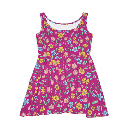 Floral Pink Skater Dress - Bright Spring Tulip & Ditsy Flower Print